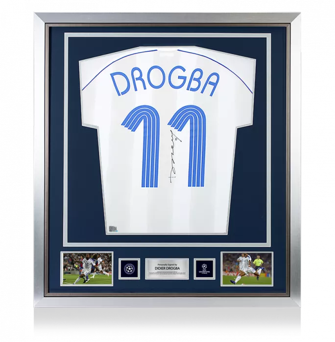 icons Didier Drogba Official UEFA Champions League Back Signed and Framed Chelsea 2006-07 Away Shirt