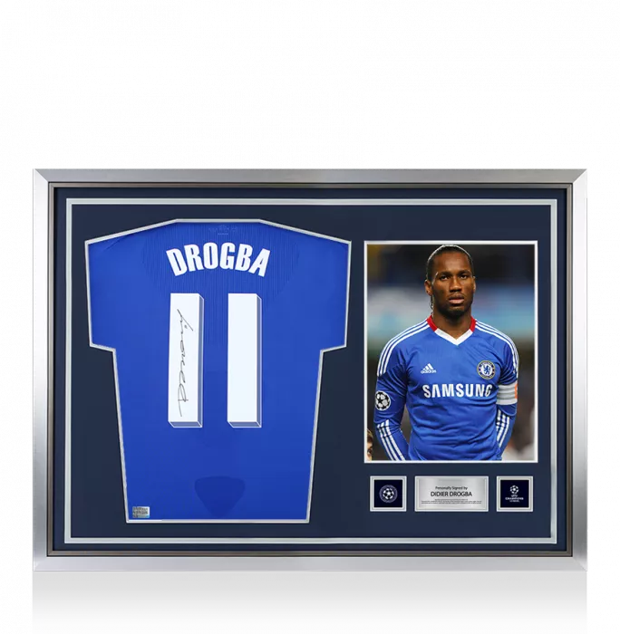 icons Didier Drogba Official UEFA Champions League Back Signed and Hero Framed Chelsea 2010-11 Home Shirt with Fan Style Numbers