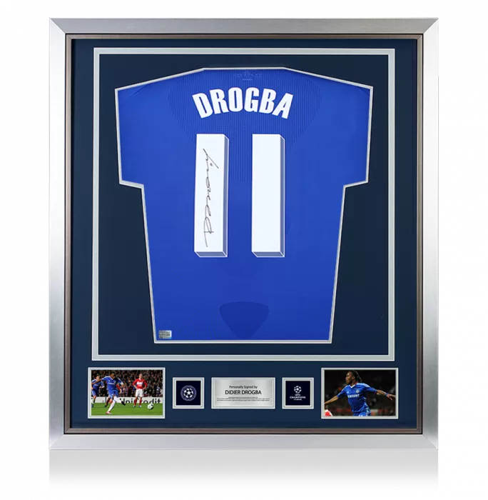 icons Didier Drogba Official UEFA Champions League Back Signed and Framed Chelsea 2010-11 Home Shirt with Fan Style Numbers