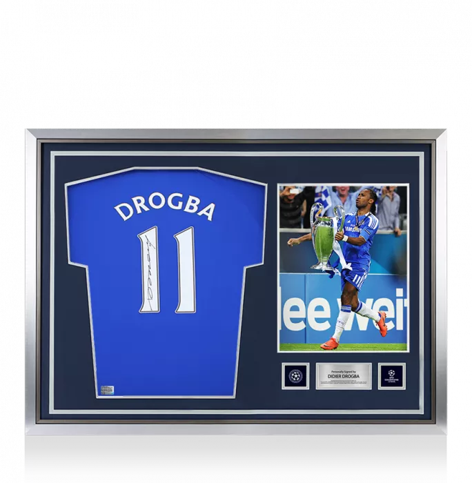 icons Didier Drogba Official UEFA Champions League Back Signed and Hero Framed Chelsea T-Shirt with Fan Style Numbers