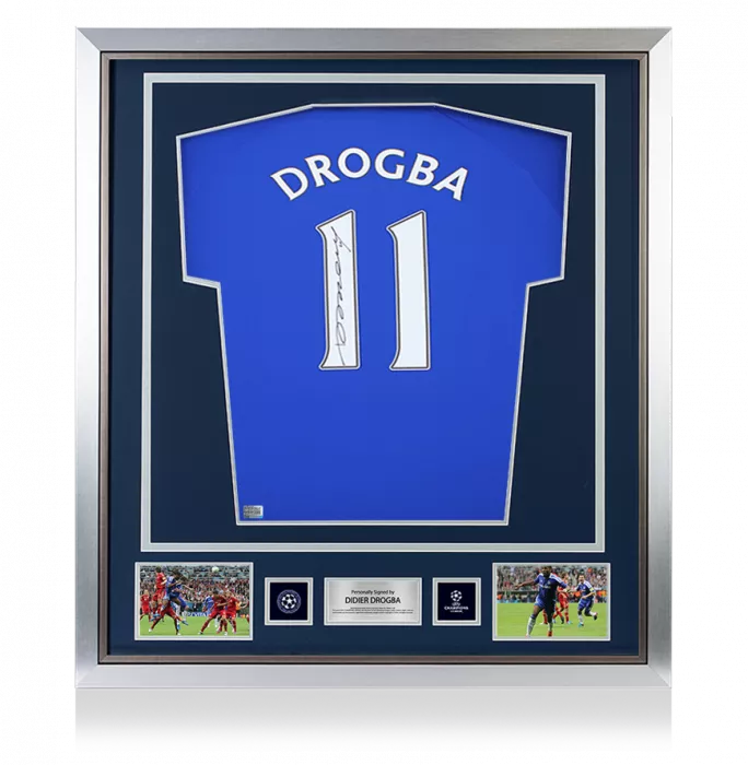 icons Didier Drogba Official UEFA Champions League Back Signed and Framed Chelsea T-Shirt with Fan Style Numbers