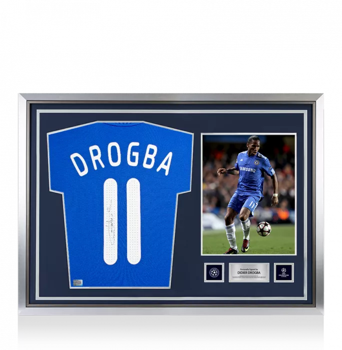 icons Didier Drogba Official UEFA Champions League Back Signed and Hero Framed Chelsea 2009-10 Home Shirt