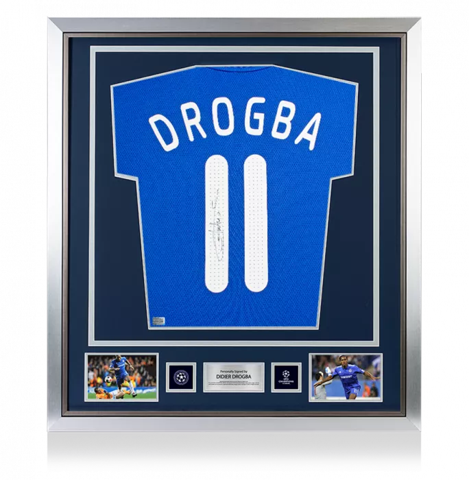 icons Didier Drogba Official UEFA Champions League Back Signed and Framed Chelsea 2009-10 Home Shirt