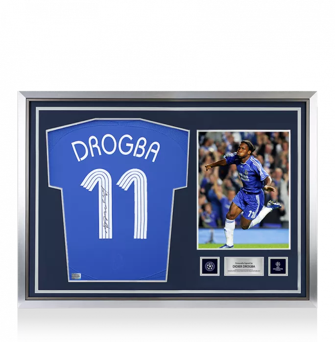 icons Didier Drogba Official UEFA Champions League Back Signed and Hero Framed Chelsea 2006-08 Home Shirt