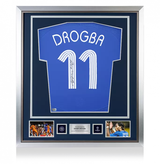 icons Didier Drogba Official UEFA Champions League Back Signed and Framed Chelsea 2006-08 Home Shirt