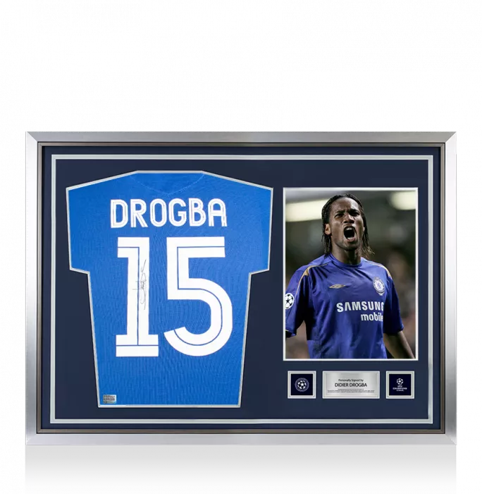 icons Didier Drogba Official UEFA Champions League Back Signed and Hero Framed Chelsea 2005-06 Centenary Home Shirt
