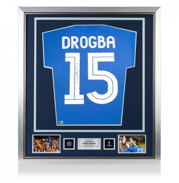 icons Didier Drogba Official UEFA Champions League Back Signed and Framed Chelsea 2005-06 Centenary Home Shirt