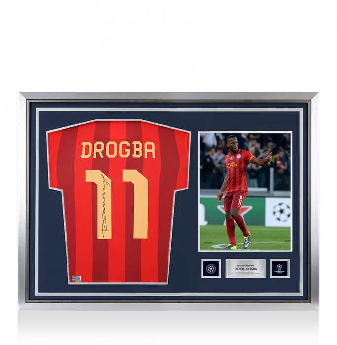 icons Didier Drogba Official UEFA Champions League Back Signed and Hero Framed Galatasaray 2013-14 Third Shirt
