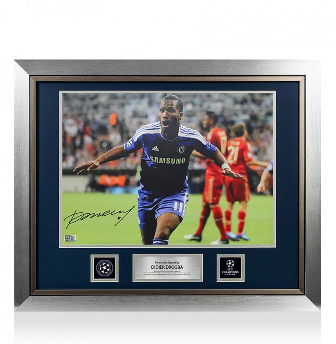 icons Didier Drogba Official UEFA Champions League Signed and Framed Chelsea Photo: 2012 Final Goal