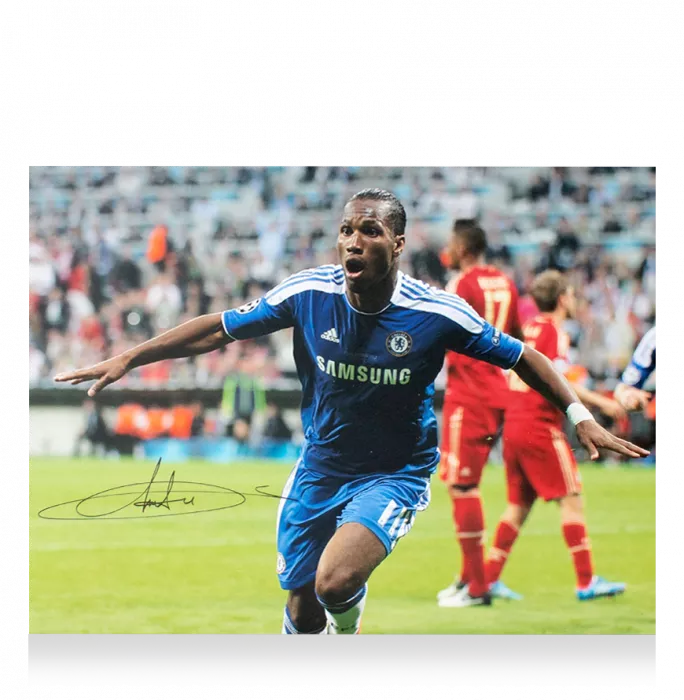 Icons Didier Drogba Signed Chelsea FC Photo In Black Wooden Frame: 2012 UEFA Champions League Final Goal