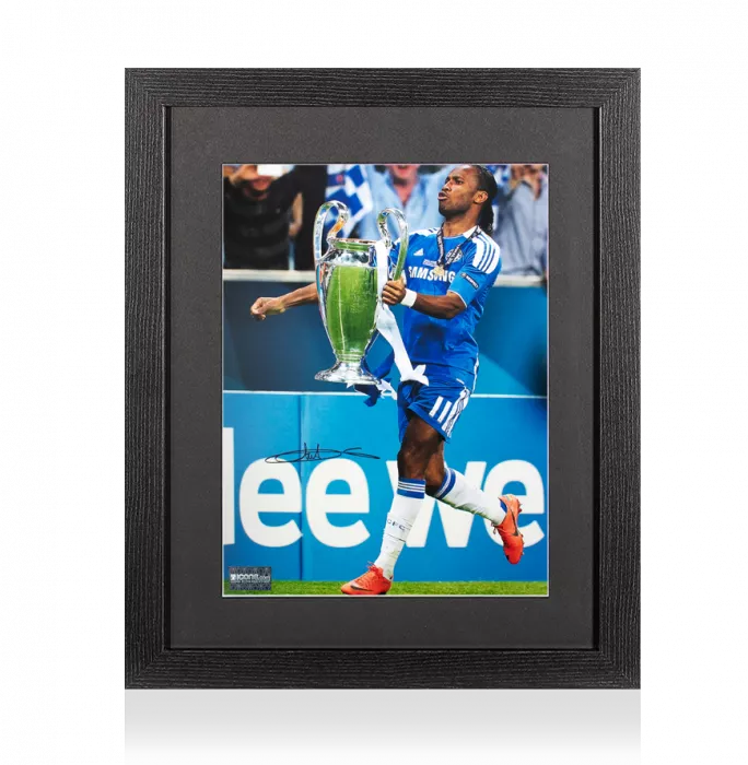 icons Didier Drogba Signed Chelsea FC Photo In Black Wooden Frame: 2012 UEFA Champions League Winner