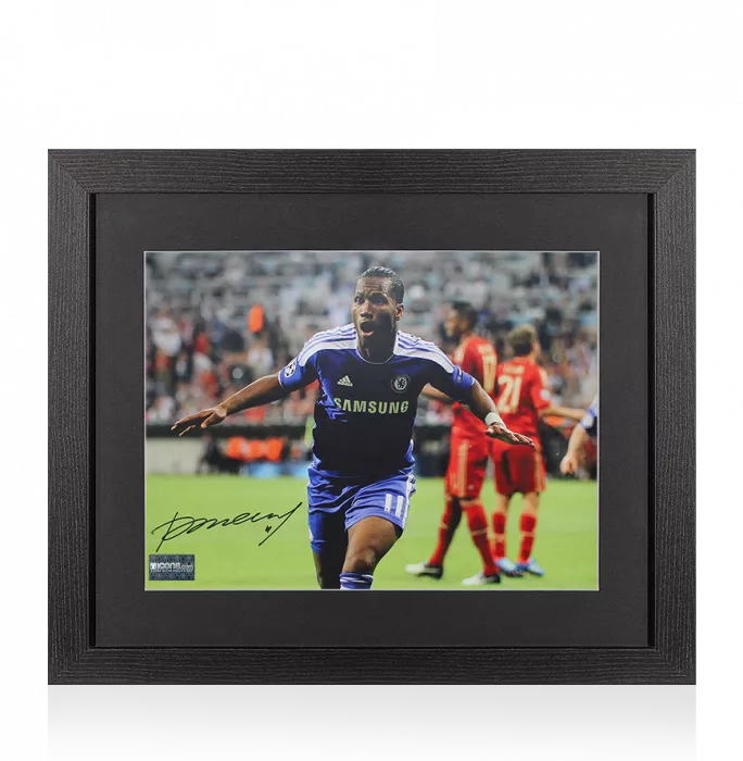 icons Didier Drogba Signed Chelsea Photo In Black Wooden Frame: UEFA Champions League Final Goal