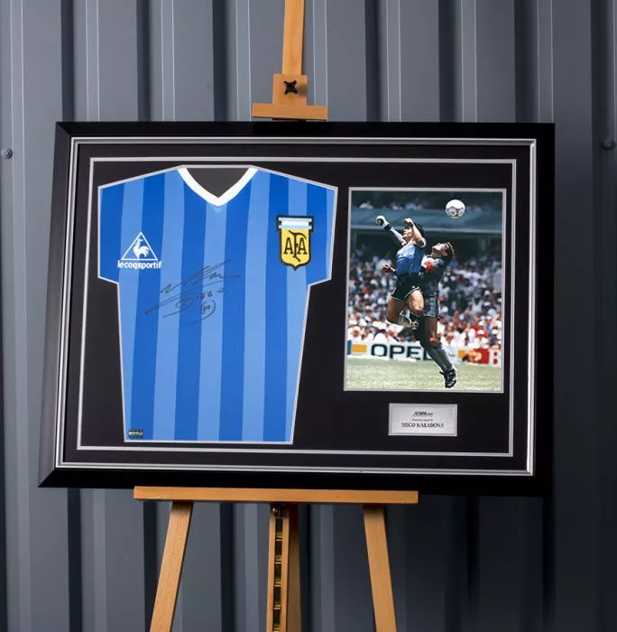 Icons Diego Maradona Front Signed Argentina 1986 Away Shirt In Hero Frame: Option 1
