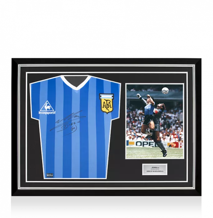 icons Diego Maradona Front Signed Argentina 1986 Away Shirt In Hero Frame: Option 1