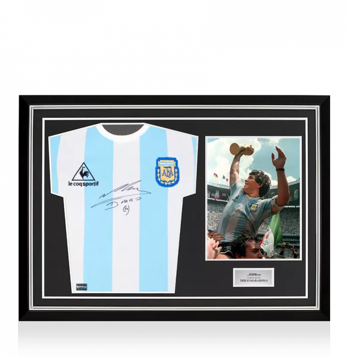 icons Diego Maradona Front Signed Argentina 1986 Home Shirt In Hero Frame: Option 1