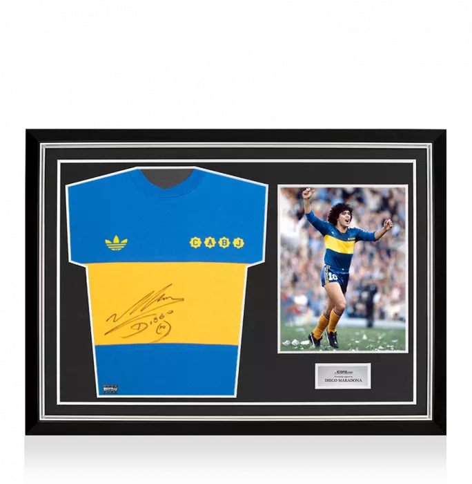 icons Diego Maradona Front Signed Boca Juniors 1981-82 Home Shirt In Hero Frame: Option 1