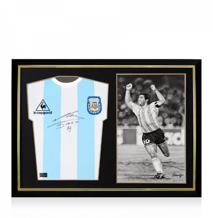 icons Diego Maradona Front Signed Retro Le Coq Sportif Argentina Home and Original Artwork Shirt In Hero Frame: Limited Edition 1/1