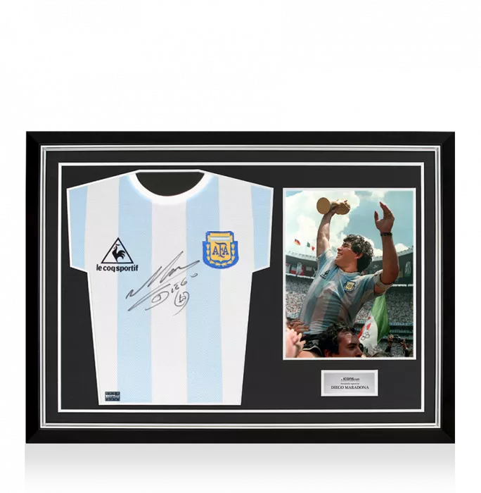 icons Diego Maradona Front Signed Retro Le Coq Sportif Argentina Home Shirt In Hero Frame: Option 1