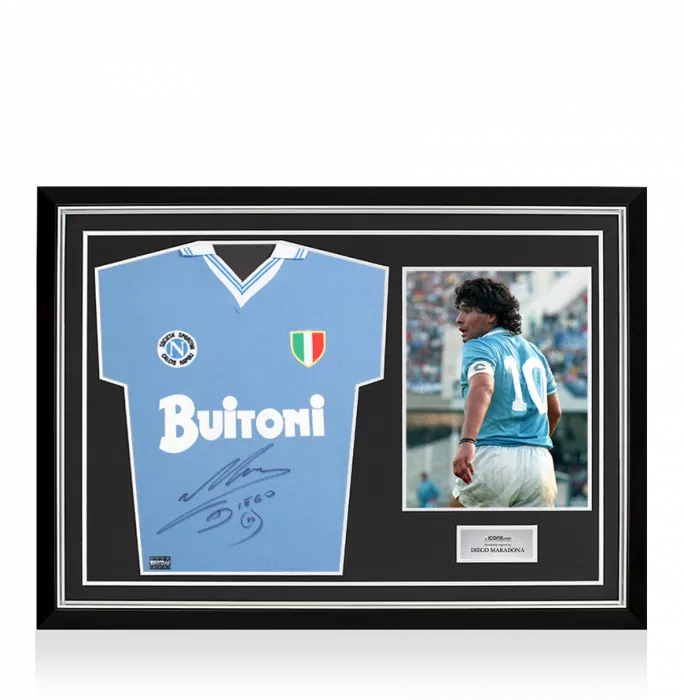 icons Diego Maradona Front Signed SSC Napoli 1987-88 Home Shirt In Hero Frame: Option 1
