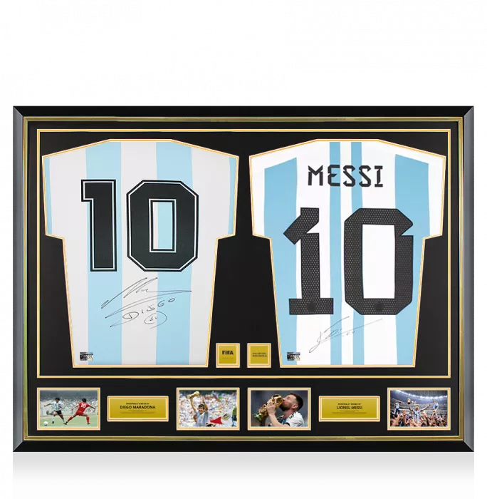 icons Diego Maradona & Lionel Messi Official FIFA World Cup™ Signed and Dual Framed Argentina Shirts
