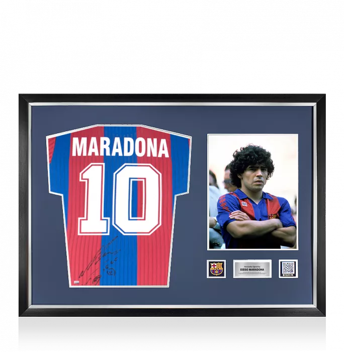Icons Diego Maradona Official FC Barcelona Back Signed And Framed Retro Home Shirt