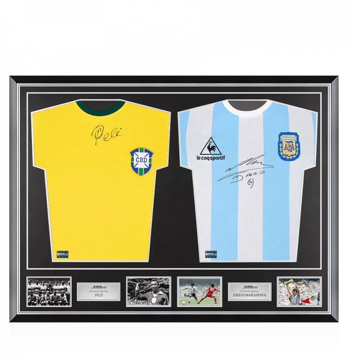icons Diego Maradona Signed Argentina & Pele Signed Brazil Retro Shirts In Classic Dual Frame