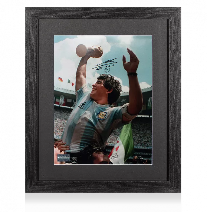 Icons Diego Maradona Signed Argentina Photo In Black Wooden Frame: 1986 FIFA World Cup Winner