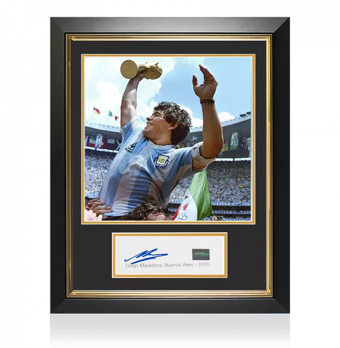 icons Diego Maradona Signed Card and Argentina Photo Frame: 1986 FIFA World Cup Winner