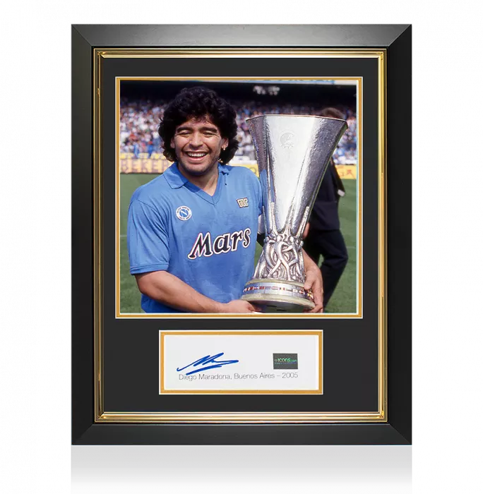 Icons Diego Maradona Signed Card And SSC Napoli Photo Frame: UEFA Cup Winner
