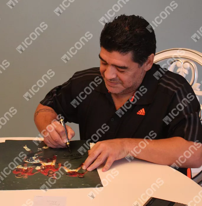 Icons Diego Maradona Signed Photo In Black Wooden Frame: Taking On The Belgians