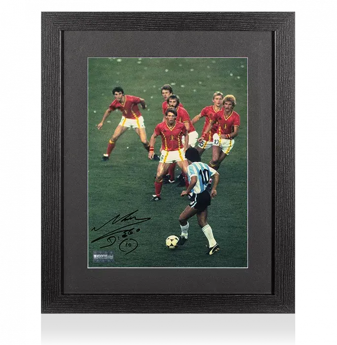 Icons Diego Maradona Signed Photo In Black Wooden Frame: Taking On The Belgians