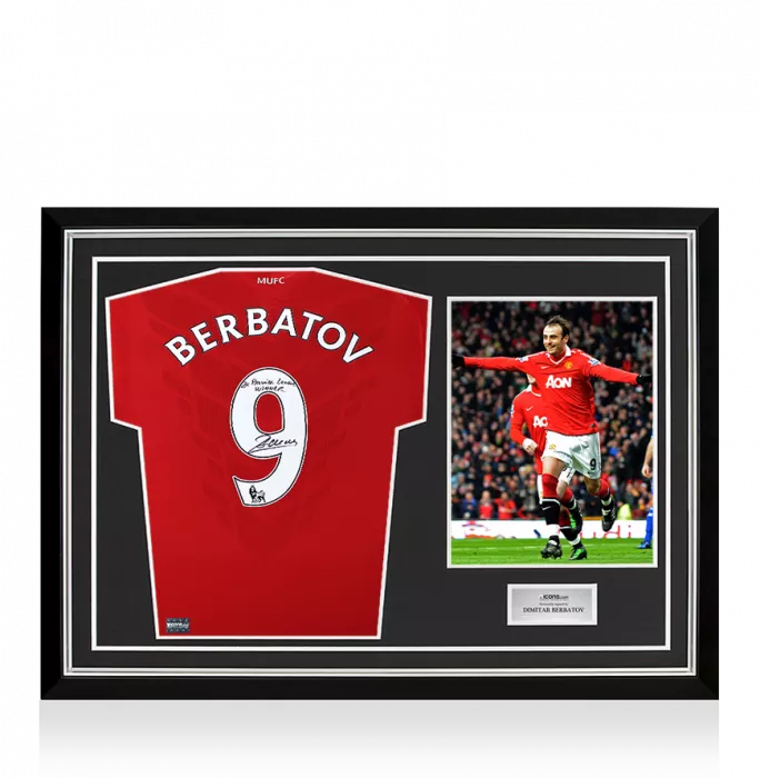 icons Dimitar Berbatov Back Signed Manchester United 2010-11 Home Shirt: 2x Premier League Winner Inscription In Hero Frame: Option 1