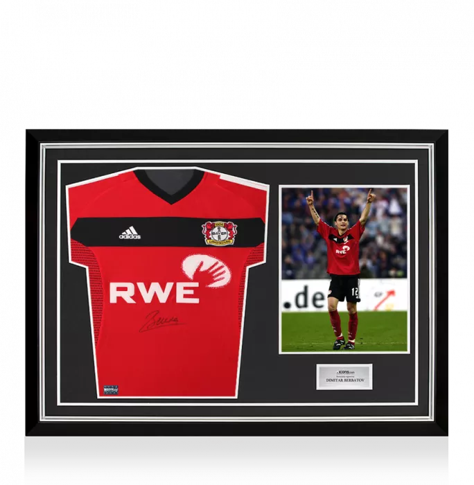 icons Dimitar Berbatov Front Signed Bayer 04 Leverkusen 2002-04 Home Shirt In Hero Frame: Option 1