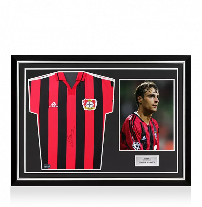 icons Dimitar Berbatov Front Signed Bayer 04 Leverkusen 2000-01 Home Shirt In Hero Frame: Option 1