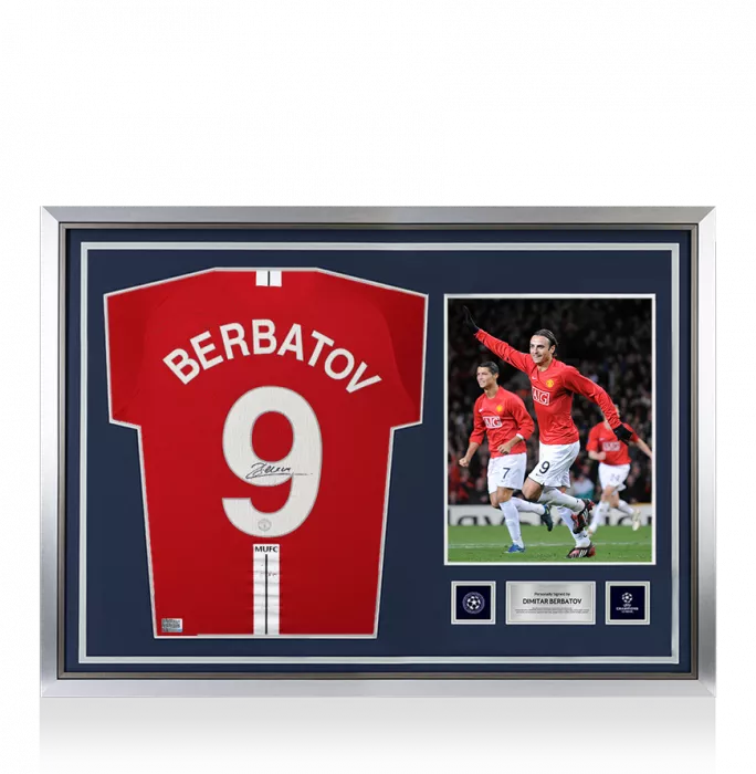 icons Dimitar Berbatov Official UEFA Champions League Back Signed and Hero Framed Manchester United 2007-09 Home Shirt