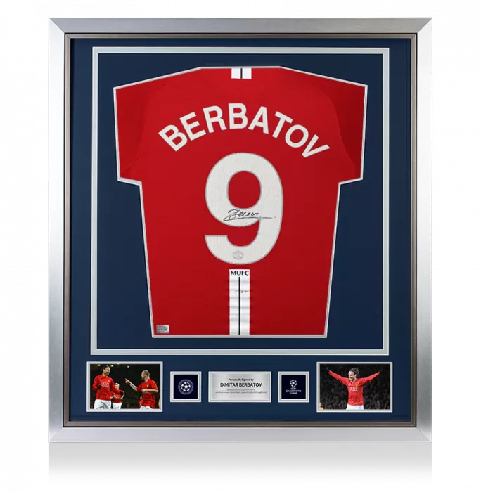 icons Dimitar Berbatov Official UEFA Champions League Back Signed and Framed Manchester United 2007-09 Home Shirt