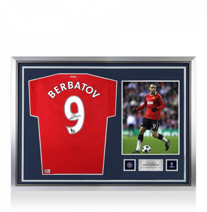 icons Dimitar Berbatov Official UEFA Champions League Back Signed and Hero Framed Manchester United 2010-11 Home Shirt