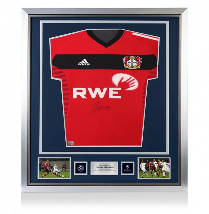Icons Dimitar Berbatov Official UEFA Champions League Front Signed And Framed Bayer 04 Leverkusen 2002-04 Home Shirt
