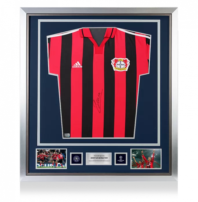 Icons Dimitar Berbatov Official UEFA Champions League Front Signed And Framed Bayer 04 Leverkusen 2000-01 Home Shirt