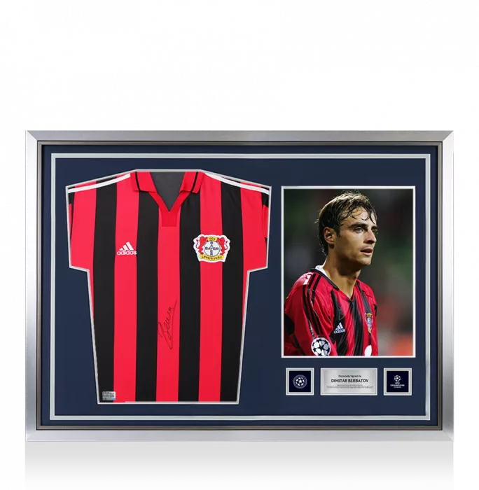 icons Dimitar Berbatov Official UEFA Champions League Front Signed and Hero Framed Bayer 04 Leverkusen 2000-01 Home Shirt