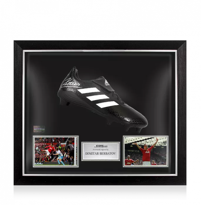 icons Dimitar Berbatov Signed Black Adidas Boot In Bubble Frame: Manchester United