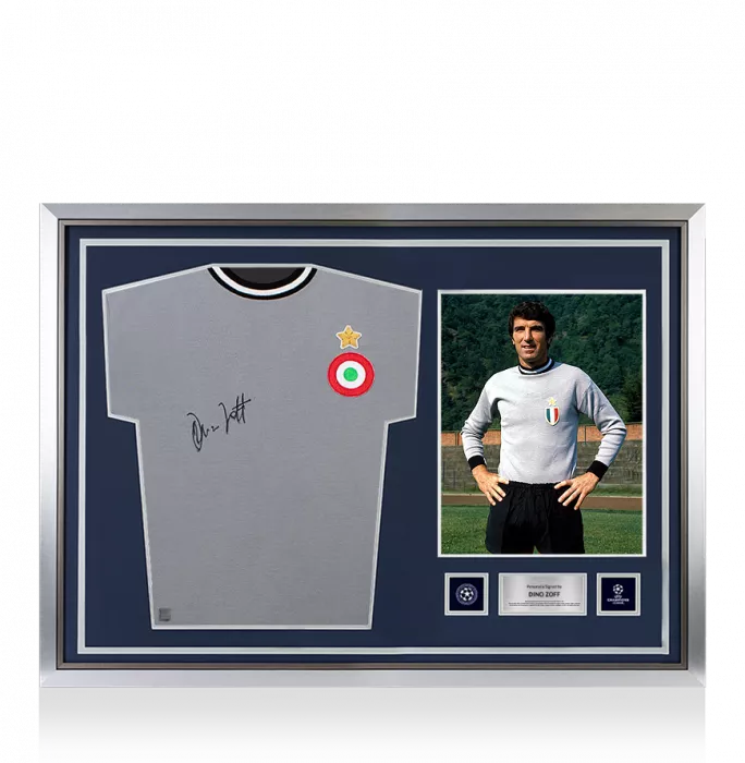Icons Dino Zoff Official UEFA Champions League Front Signed And Hero Framed Juventus Retro Home Shirt