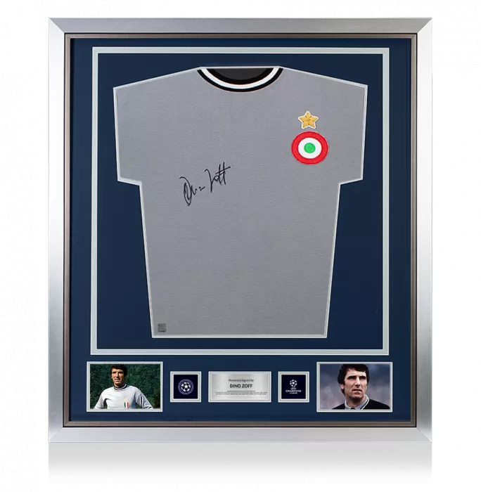 icons Dino Zoff Official UEFA Champions League Front Signed and Framed Juventus Retro Home Shirt