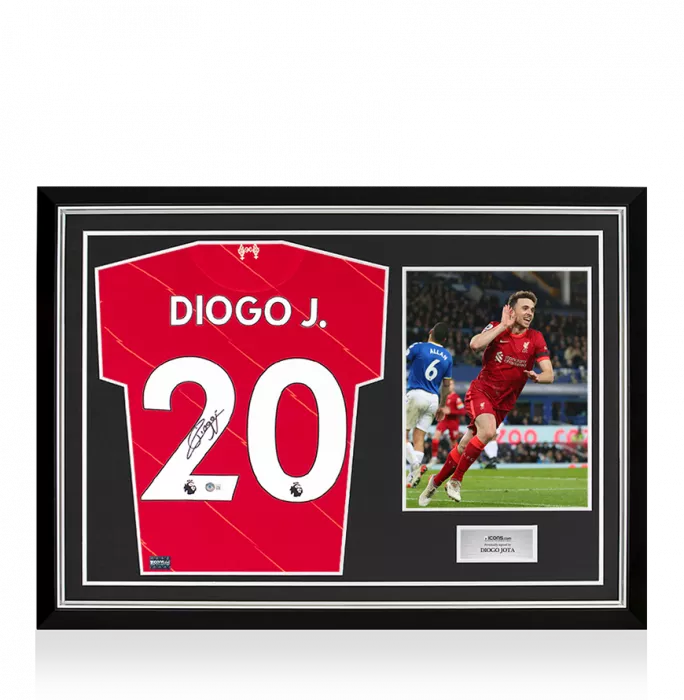 icons Diogo Jota Back Signed Liverpool FC 2021-22 Home Shirt In Hero Frame: Option 1
