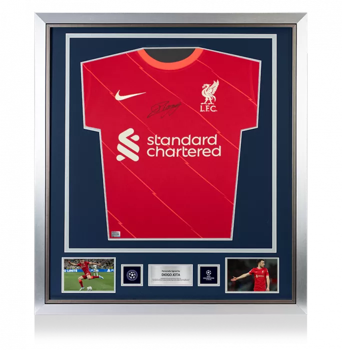 Icons Diogo Jota Official UEFA Champions League Front Signed And Framed Liverpool 2021-22 Home Shirt