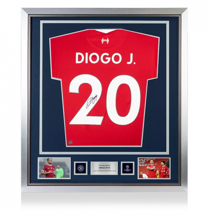 icons Diogo Jota Official UEFA Champions League Signed and Framed Liverpool FC 2020-21 Home Shirt With Fan Style Numbers
