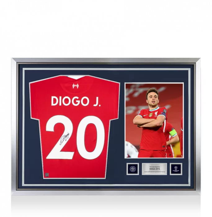 icons Diogo Jota Official UEFA Champions League Signed and Hero Framed Liverpool 2020-21 Home Shirt with Fan Style Numbers