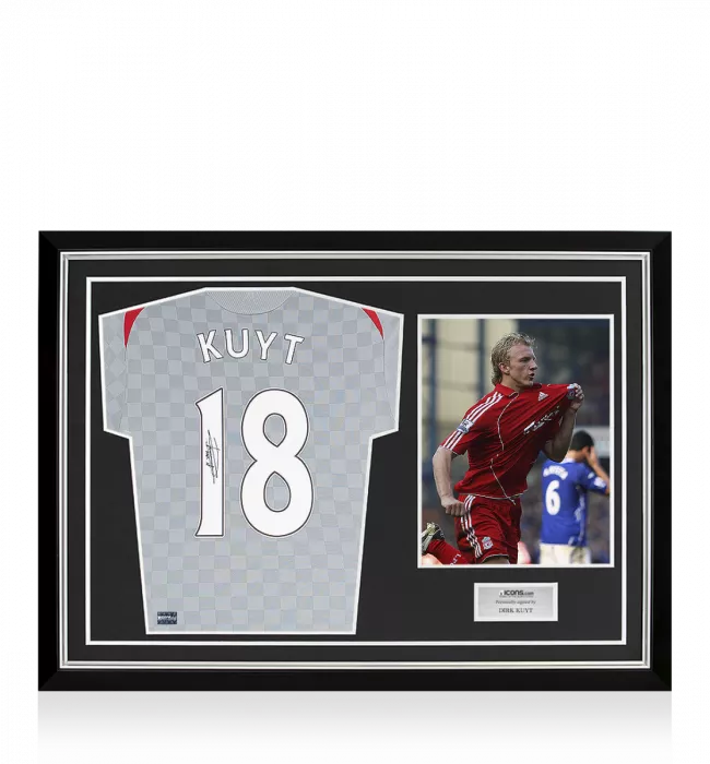 icons Dirk Kuyt Back Signed Liverpool FC 2008-10 Away Shirt In Hero Frame: Option 1