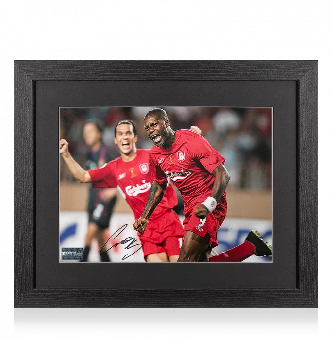 icons Djibril Cisse Signed Liverpool Photo In Black Wooden Frame: 2005 UEFA Super Cup Goal