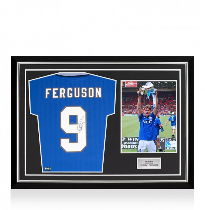icons Duncan Ferguson Back Signed Everton 1995 FA Cup Final Shirt In Hero Frame: Option 1